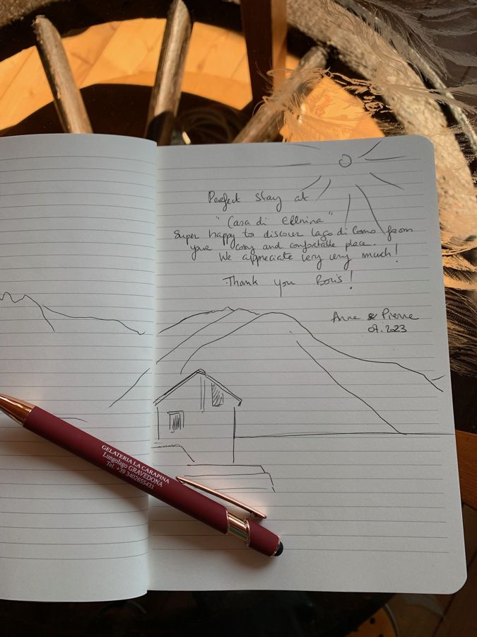 Handwritten guest book page with a pencil drawing of the house and mountains