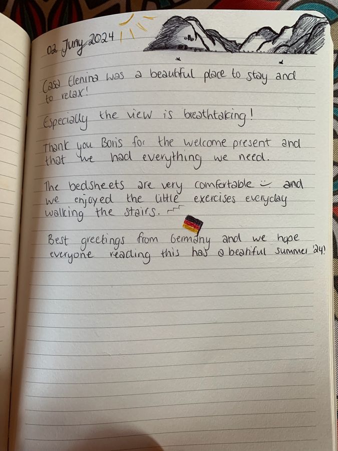 Guest book entry with a mountain sketch and greetings from Germany