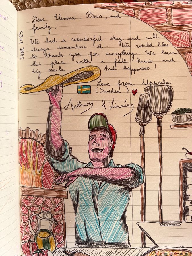 Guest book drawing of a pizzaiolo tossing dough, by Arthur and Linnéa from Uppsala