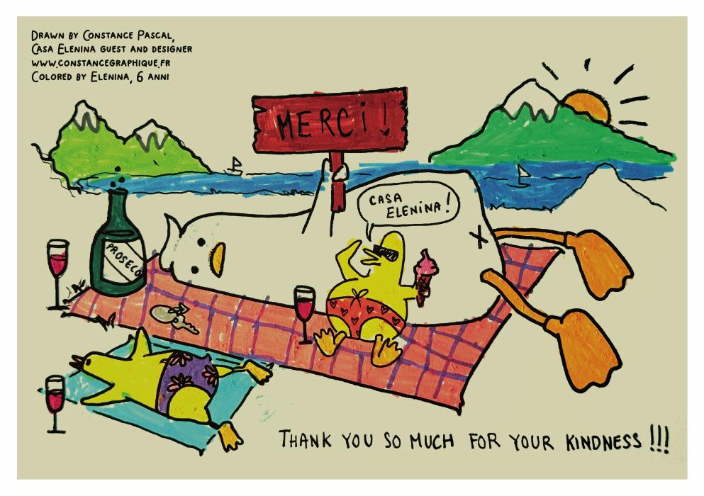 Hand-drawn postcard of ducks picnicking by the lake at Casa Elenina, drawn by guest Constance Pascal and coloured by Elenina, age 6